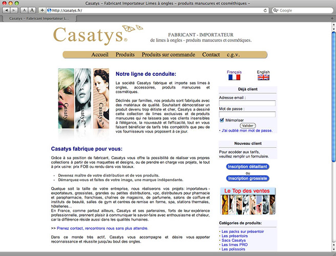 <h3>Casatys</h3>Fabricant et importateur de produits manucures et cosm�tiques de luxe.<br />
Site catalogue pour les professionnels avec un syst�me de boutique en ligne avec facturation.